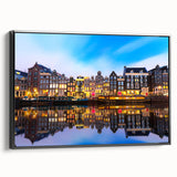 Black and white framed canvas depicting a vintage Amsterdam landscape, ideal for bedroom wall art.