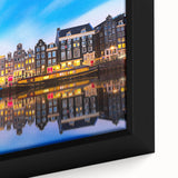 Extra large framed canvas depicting a textured, colorful Amsterdam canal scene, ideal for living room decor.