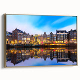 Framed canvas depicting a vintage-style Amsterdam landscape in muted gold and black tones, ideal for bedroom wall art.