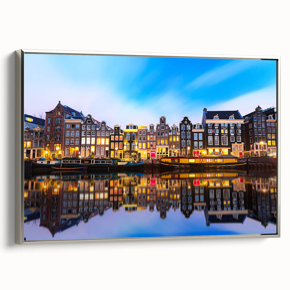 Framed canvas of a vintage Amsterdam landscape in colorful art style, ideal for living room decor.