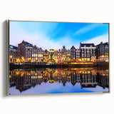 Framed canvas of a vintage Amsterdam landscape in colorful art style, ideal for living room decor.