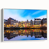 Vintage poster art of Amsterdam with colorful buildings and canals on extra large framed canvas, ideal for living room decor.
