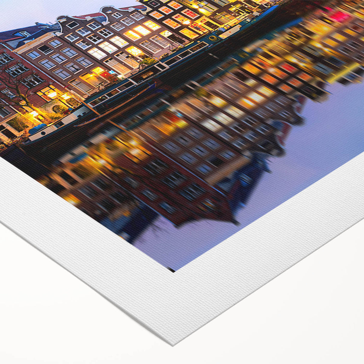 Art deco poster of Amsterdam scenery in muted earth tones on rolled canvas, suitable for dining room decor.