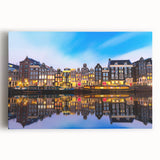 Black and white image of Amsterdam canal on stretched canvas, ideal for kitchen wall art.