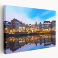 Amsterdam canal scene in muted blue and gray hues on stretched canvas, suitable for kitchen wall art.