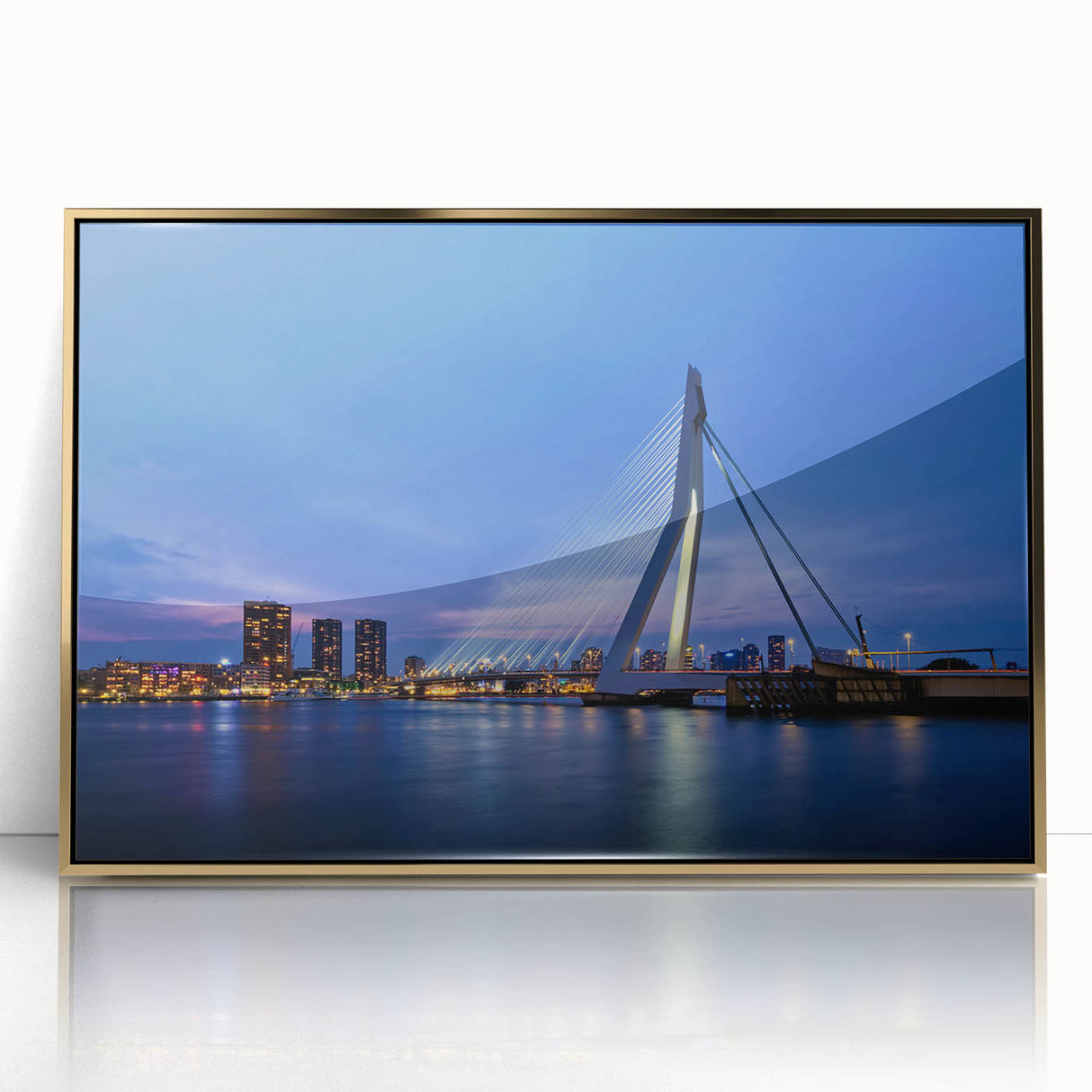 Art deco poster of a European cityscape in muted gold and blue tones on framed acrylic, suitable for modern art wall decor.