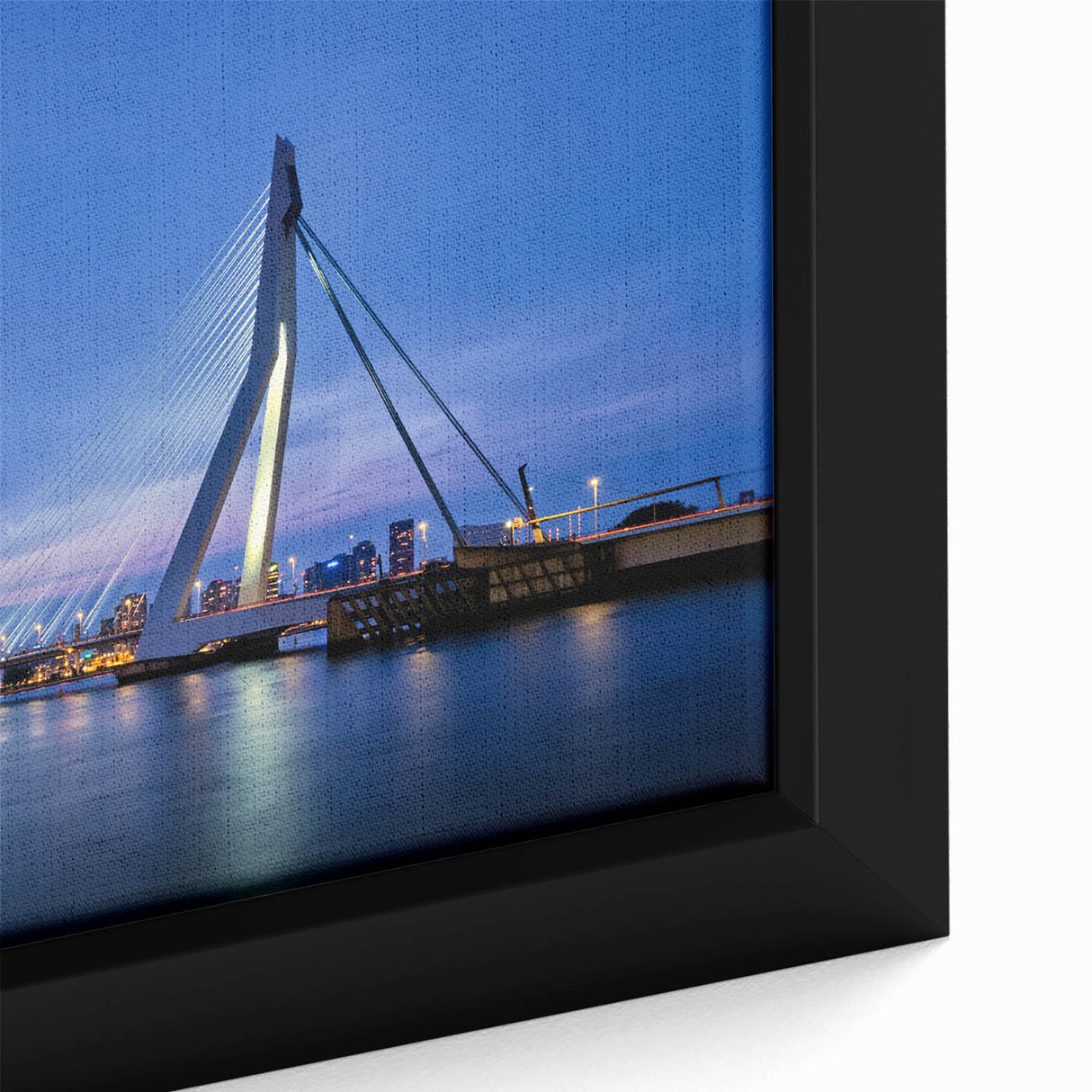 Extra large framed canvas of a textured, colorful European scenery with prominent black elements.