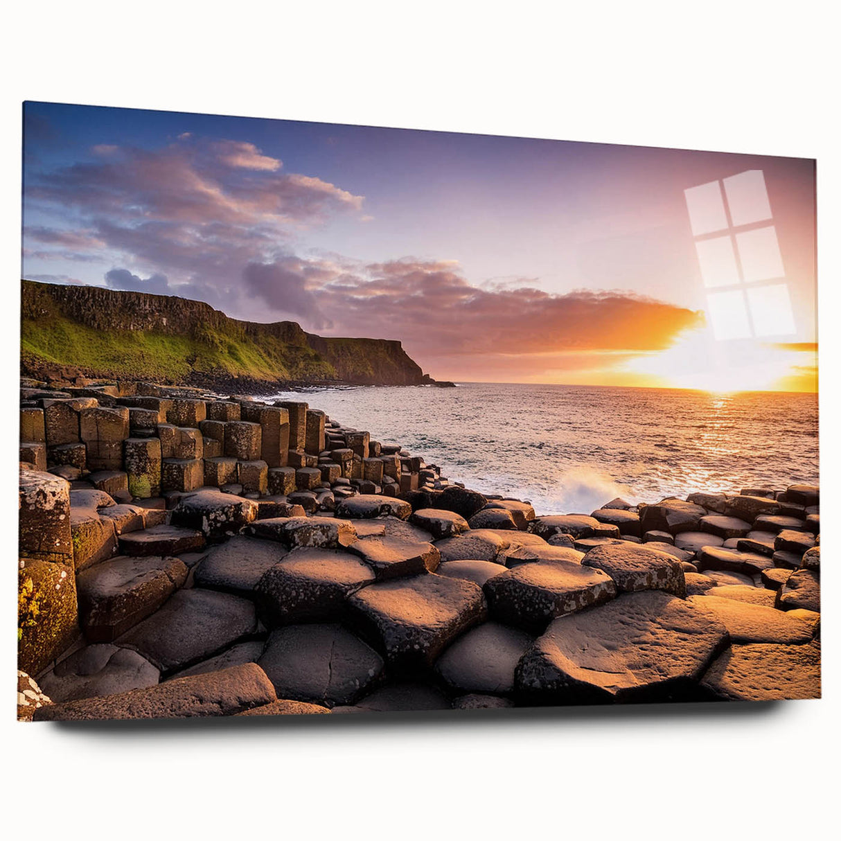 Acrylic print of a Northern Ireland landscape in muted green and blue tones, suitable for bedroom or dining room decor.