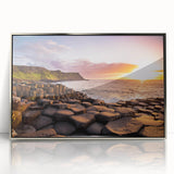 Large art print of Northern Ireland scenery in silver framed acrylic, featuring muted green and blue tones.
