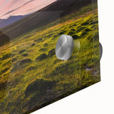 Large abstract wall art featuring a Norwegian scenery in muted blue and green tones on acrylic glass.