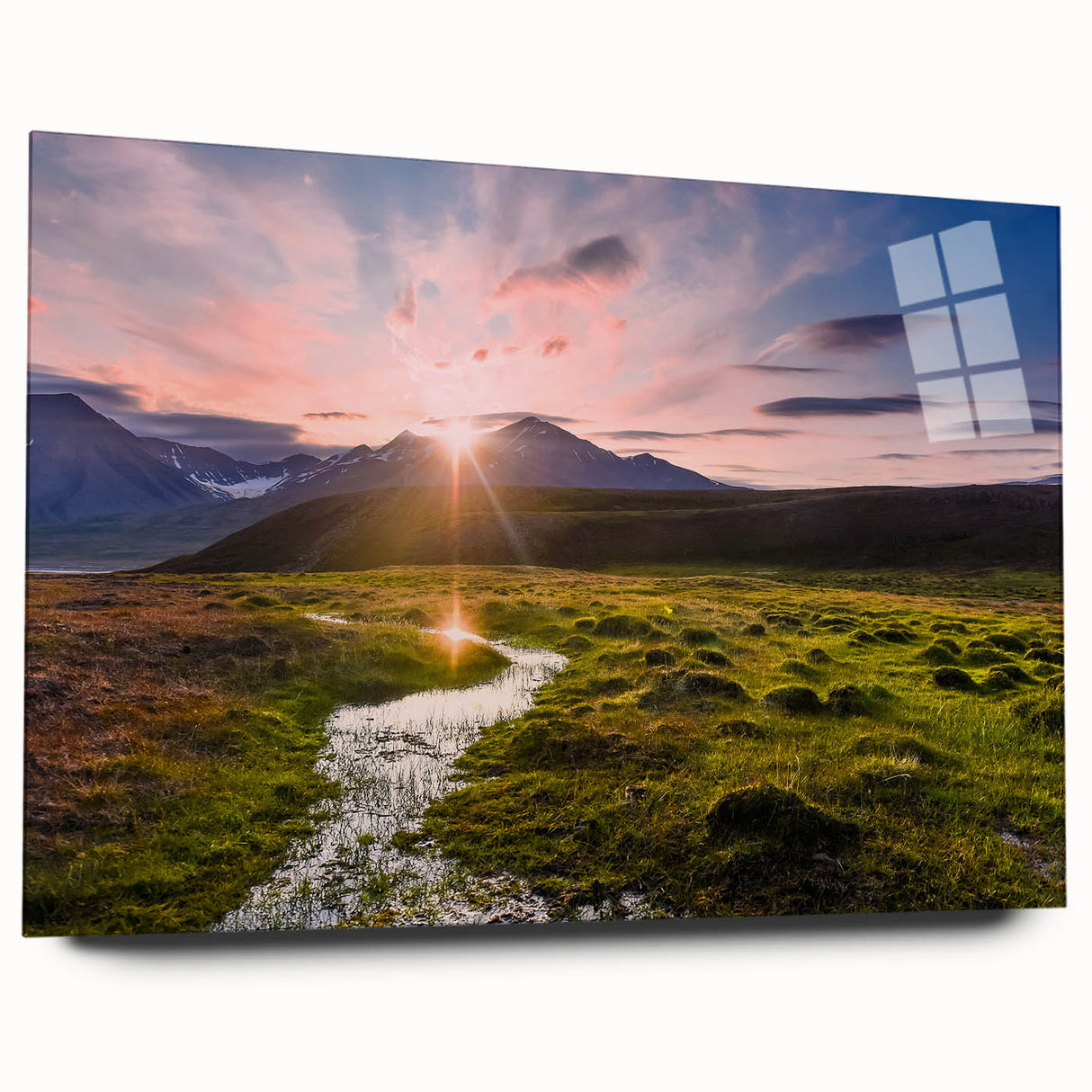 Acrylic glass print of a serene Norwegian landscape in muted blue and green tones, ideal for bedroom or dining room art.