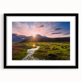 Extra large abstract art print of a colorful, textured Norwegian landscape on a black framed canvas.