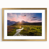 Abstract art print of a Norwegian landscape in muted earth tones on a framed canvas, ideal for dining room decor.