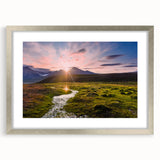 Extra large wall art of a textured Norwegian landscape in muted earth tones, framed with a silver mat.