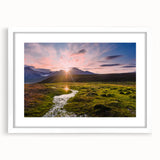 Textured art print of a Norwegian landscape in muted earth tones, framed with a white mat, ideal for bedroom decor.