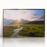 Art deco poster of a scenic Norway landscape in muted gold and blue tones, acrylic print framed.