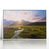 Mid-century modernist art depicting a serene Norwegian landscape in muted earth tones, acrylic print framed in white.