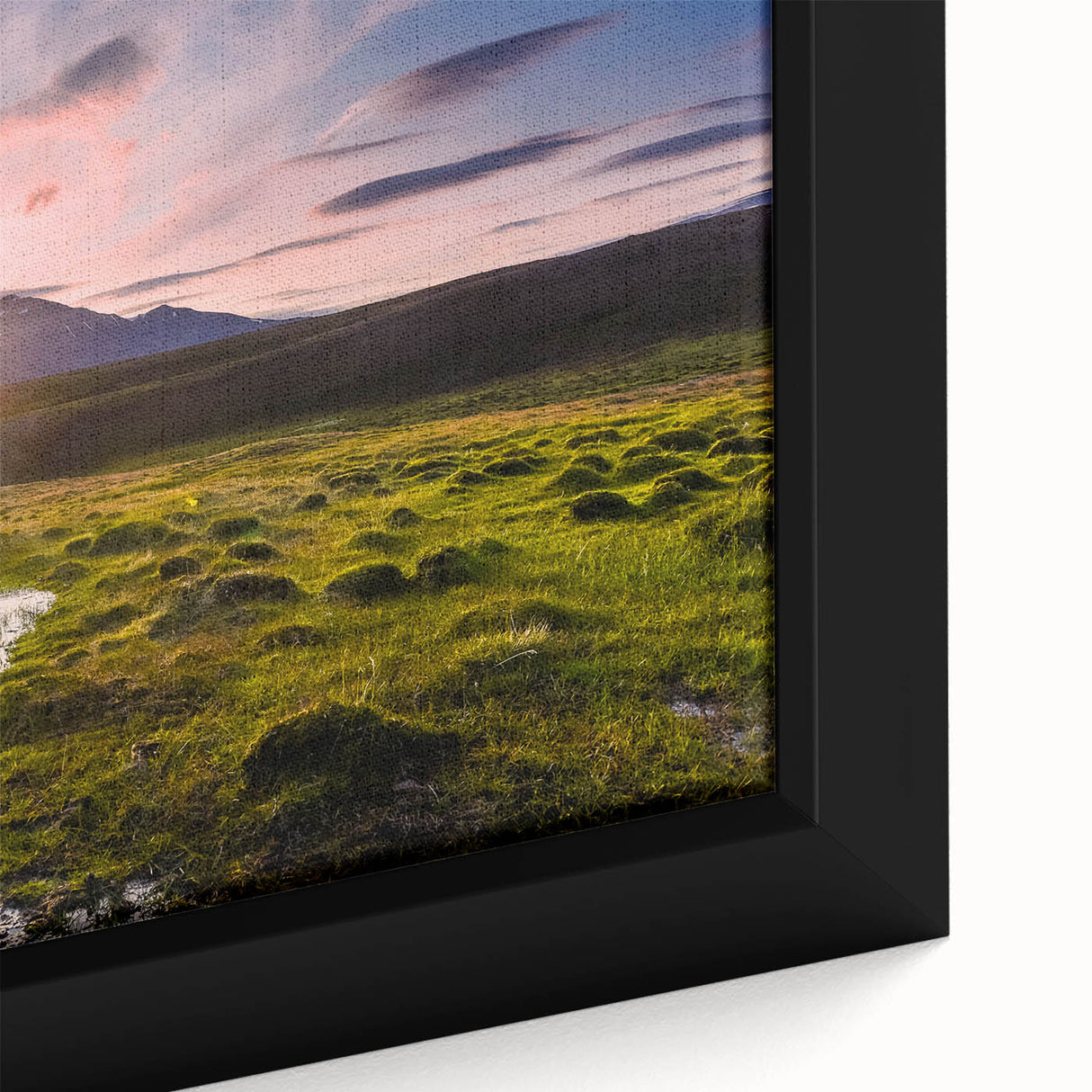 Extra large framed canvas depicting a textured, colorful Norwegian landscape on black background.