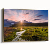 Framed canvas of a vintage-style Norwegian landscape in muted earth tones, ideal for bedroom wall art.