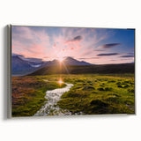 Framed canvas landscape art painting depicting a vintage-style Norwegian scenery in muted earth tones.