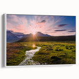 Vintage poster art of a scenic Norway landscape in colorful hues on a large framed canvas, ideal for living room decor.