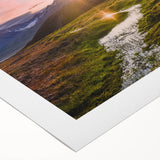 Art deco poster of a serene Norwegian landscape on rolled canvas, featuring muted blue and green tones.