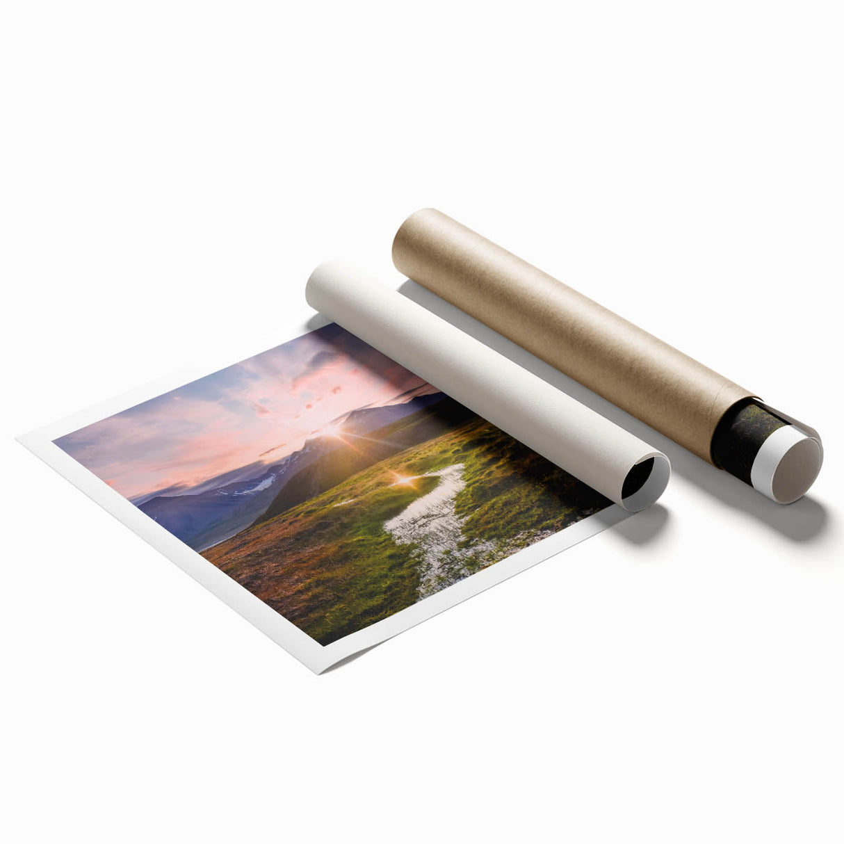 Scenic Norwegian landscape with pastel shades on a rolled print, ideal for classy bathroom wall art.