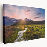 Large canvas print of a scenic Norwegian fjord in muted blue and green tones, suitable for kitchen wall art.