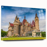 Acrylic print of a European cityscape in muted gray and blue tones, ideal for dining room decor.