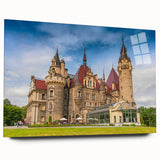 Large abstract wall art of a European cityscape in muted gray and blue tones on acrylic glass.