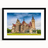 Extra large abstract art print featuring a colorful, textured depiction of a European scenery on a black framed canvas.