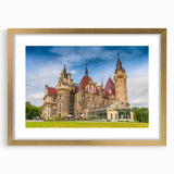 Abstract art print of a European scenery in muted earth tones, framed in gold, suitable for dining room decor.