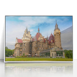 Mid-century modernist art depicting a European Polish landscape in muted earth tones on a framed acrylic panel.