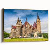 Framed canvas featuring a vintage-style landscape painting of a Polish scenery in muted gold and black tones.