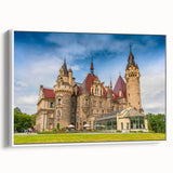 Vintage poster art of a scenic European landscape on a framed canvas, featuring colorful imagery against a black background.