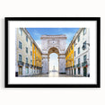 Extra large textured abstract art print depicting colorful Lisbon scenery on a framed black mat, ideal for living room decor.