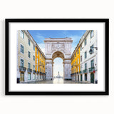 Extra large textured abstract art print depicting colorful Lisbon scenery on a framed black mat, ideal for living room decor.