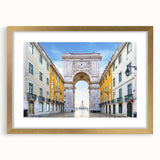 Abstract art print of Lisbon scene in muted gold and blue tones on a framed canvas, ideal for dining room decor.
