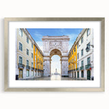 Extra large abstract art print of Lisbon scenery in textured silver frame, ideal for living room decor.
