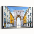 Black and white framed canvas of Lisbon landscape with vintage poster art style, ideal for bedroom decor.
