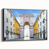 Black and white framed canvas of Lisbon landscape with vintage poster art style, ideal for bedroom decor.