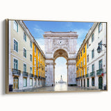 Framed canvas of Lisbon landscape in vintage poster style with black and gold tones, ideal for bedroom wall art.