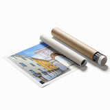 Extra large rolled print of Lisbon scenery with floral motifs in pastel shades, ideal for classy bathroom wall art.