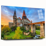Acrylic glass print of a scenic Romanian landscape in muted earth tones, ideal for dining room decor.