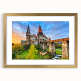 Abstract art print of a European scenery in Romania, displayed in a gold frame with mat, ideal for dining room decor.