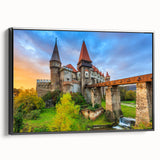 Black and white landscape painting of a Romanian village on framed canvas, ideal for bedroom wall decor.