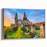 Landscape art painting of a Romanian scenery on framed canvas, featuring vibrant colors on a black background.