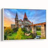 Vintage poster art of a scenic Romanian landscape on a framed canvas, featuring vibrant colors, ideal for living room decor.