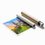 Rolled print of a Romanian landscape with vibrant greenery and floral elements, ideal for classy bathroom wall art.