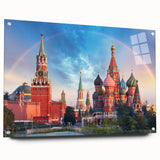 Acrylic print of Moscow skyline in muted gray and blue tones, ideal for dining room decor.